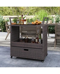 sumyeg Outdoor Wicker Bar Cart with Tempered Glass Top