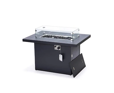 LeisureMod Chelsea Propane Fire Pit 44 Inch 55,000 Btu Auto-Ignition Gas Table with lid, Wind Guard and Decorative Stones Aluminum Frame