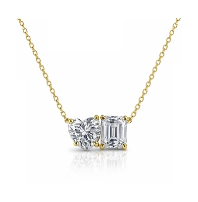 Dloria 2 ct. t.w. Toi et Moi Moissanite Necklace (Heart and Emerald-Cut, Color D, Fl Clarity) in Gold Vermeil