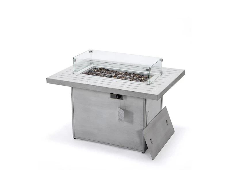 LeisureMod Chelsea Propane Fire Pit 44 Inch 55,000 Btu Auto-Ignition Gas Fire Pit Table with lid, Wind Guard and Decorative Stones Aluminum Frame