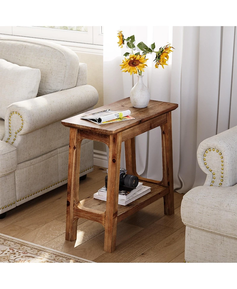 Tribesigns Solid Wood End Tables Set of 2, Narrow 2-Tier Side Table for Small Spaces, Farmhouse Bedside Table Nightstands with Storage