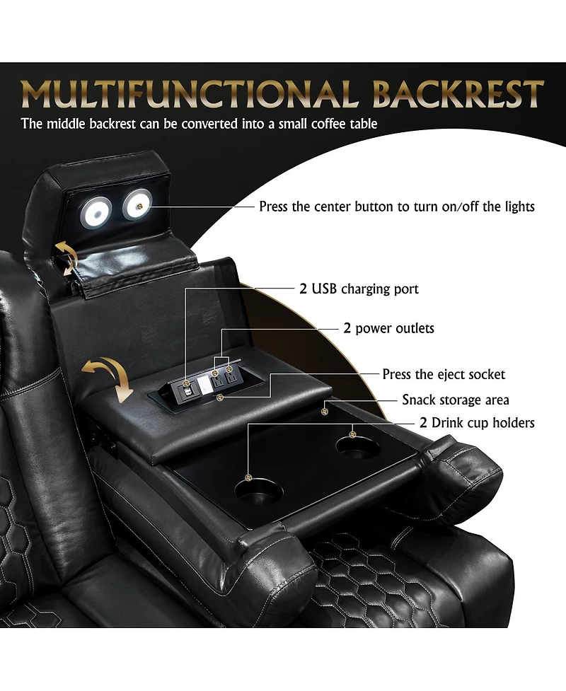 Streamdale Furniture 86.6" Power Recliner 3 Pc: Top-Grain Nappa, Adjustable, Smart Charging, Rgb Led