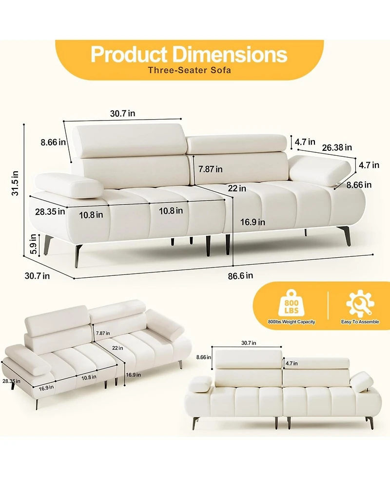gaomon Sofa Couch, Couches for Living Room, Morden 3 Seater Pu Leather Sofas with Adjustable Headrest and Armrest, for Bedroom, Office