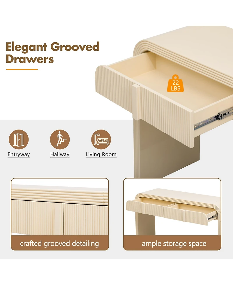 Rainsken 55'' Fluted Console Table, Modern Curved Wood Entryway Table with 2 Storage Drawers and Rounded Silhouette for Living Room, Hallway