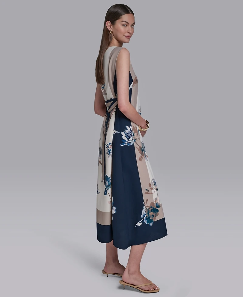 Halston Women's Sleeveless Self Belt Floral Printed Midi Dress