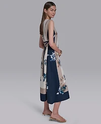 Halston Women's Sleeveless Self Belt Floral Printed Midi Dress