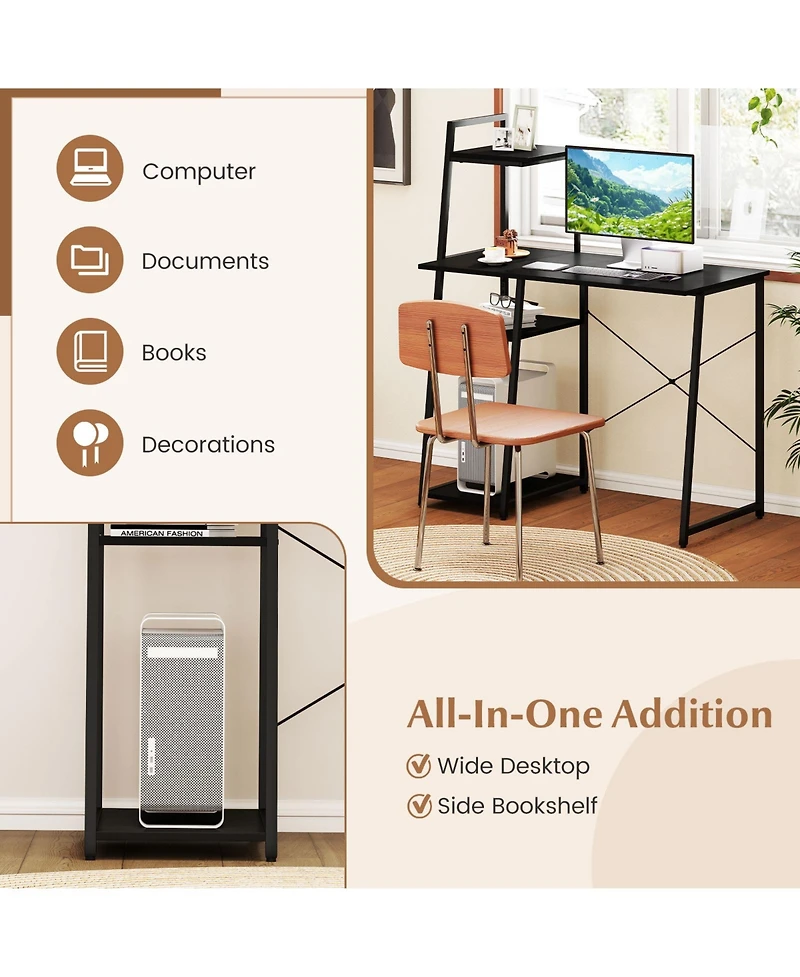 Slickblue Office Computer Desk with 3 Tier Bookshelf and Storage Shelves