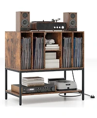 Gouun Record Player Stand with Charging Station and Six Vinyl Compartments