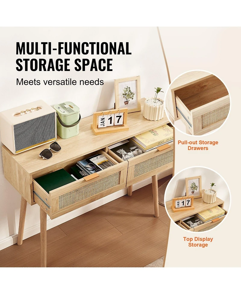 Gouun Rattan Console Table with 2 Drawers and Sliding Door