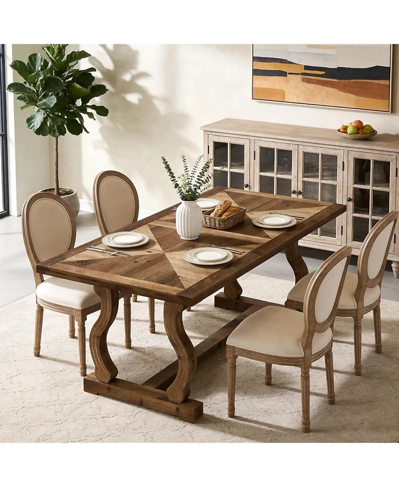 Tribesigns Solid Wood Dining Table for 4-6 People, 63" Farmhouse Rectangle Kitchen Table with Diamond Parquetry Top and S-Scroll Legs