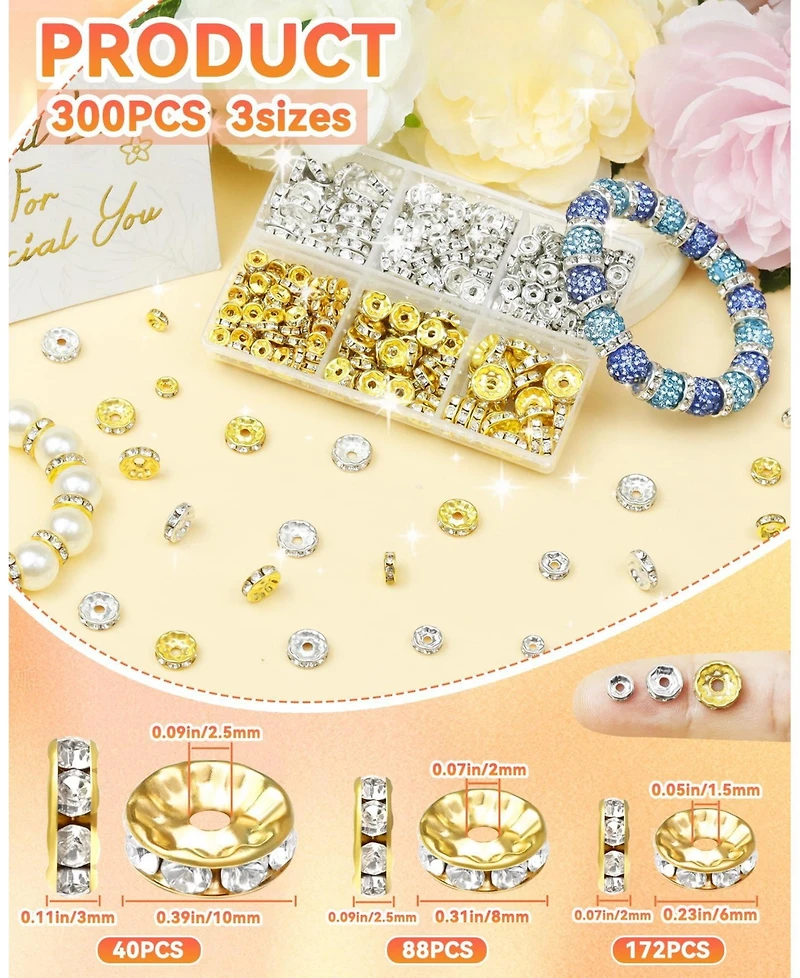 Gnuadz 300pcs Rondelle Spacer Beads Rhinestone Beaded Pens Bracelets Necklaces Craft