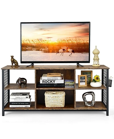 Sugift Mid-Century Wooden Tv Stand with Storage Basket for TVs up to 65 Inch-Rustic
