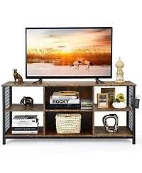 Sugift Mid-Century Wooden Tv Stand with Storage Basket for TVs up to 65 Inch-Rustic