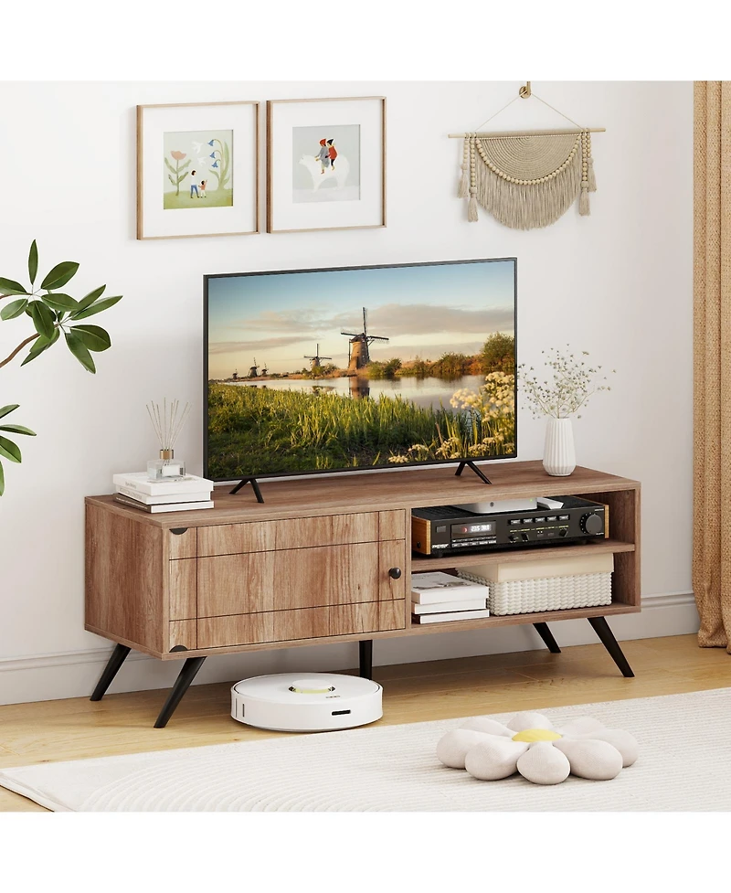 Sugift Tv Stand for TVs up to 55 Inch Mid Century Modern Entertainment Center with Storage Cabinet-Oak