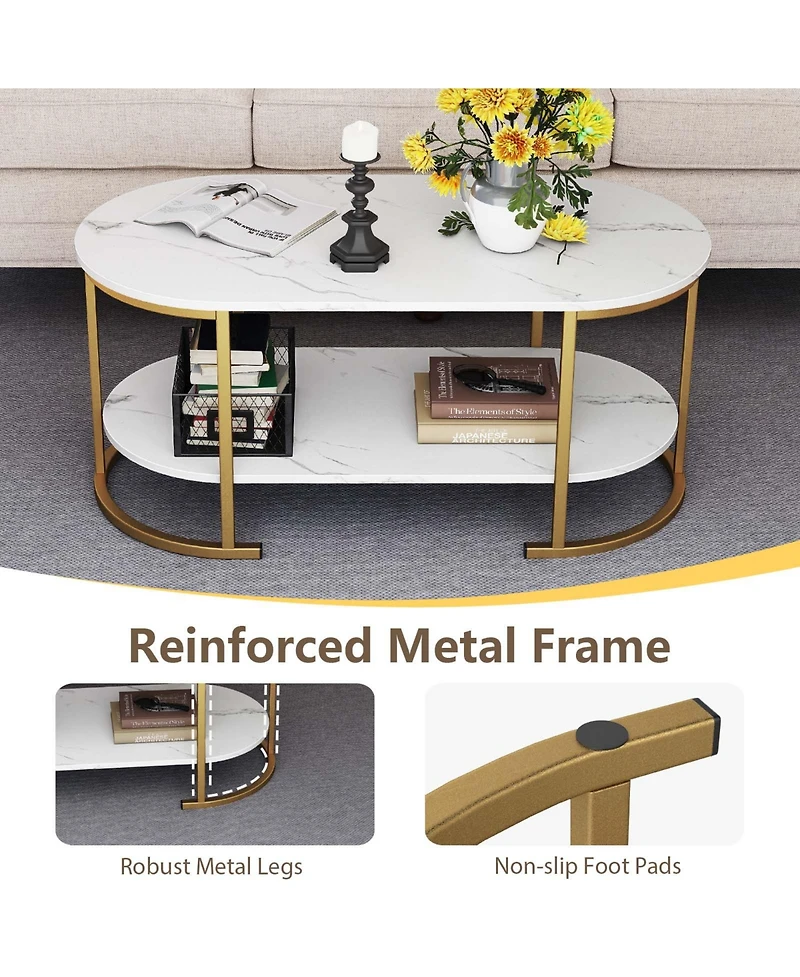 Gouun Oval 2-Tier Coffee Table with Open Storage Shelf