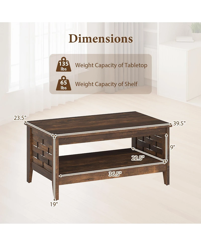 Gouun 39.5 Farmhouse 2-Tier Coffee Table with Woven Accents and Open Storage Shelf
