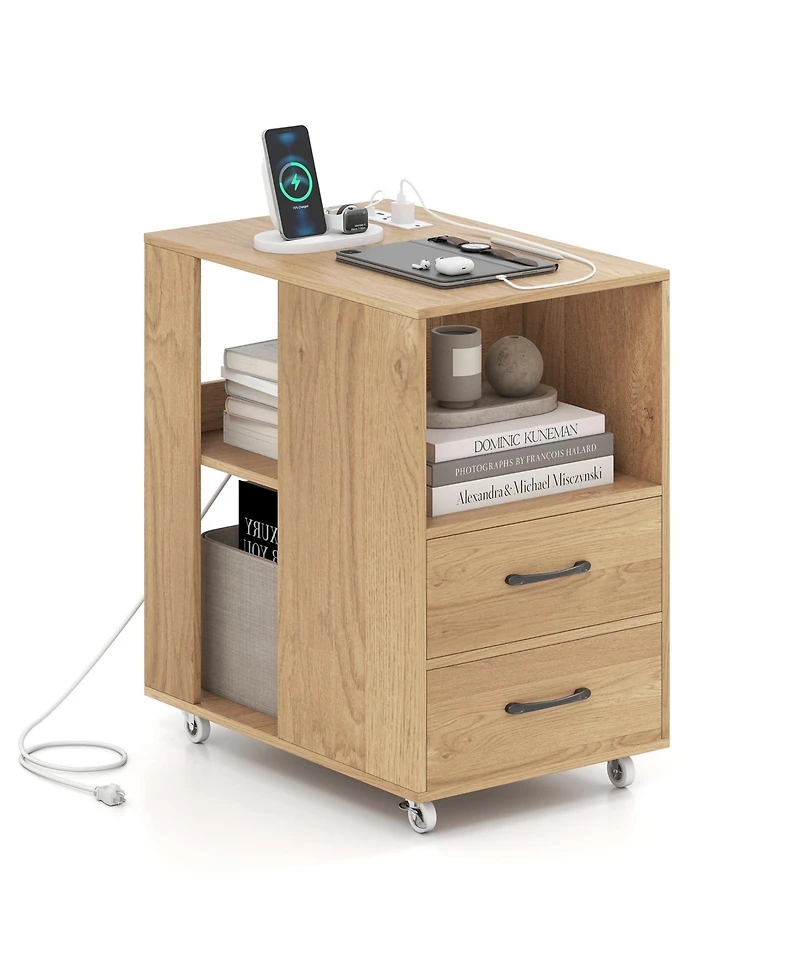 Gouun Rolling End Table with Charging Station, Drawers, and Open Shelves on Wheels