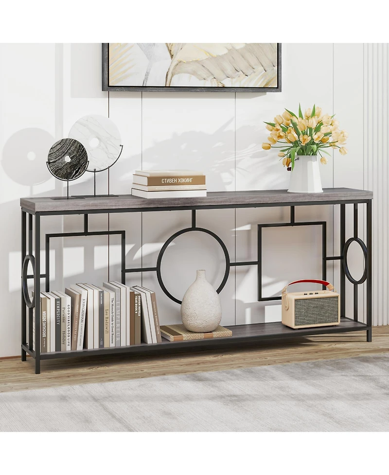Sugift 2-Tier Faux Marble Top Console Table with Storage Shelf for Hallway-Rustic