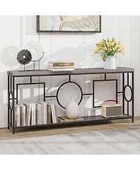 Sugift 2-Tier Faux Marble Top Console Table with Storage Shelf for Hallway-Rustic