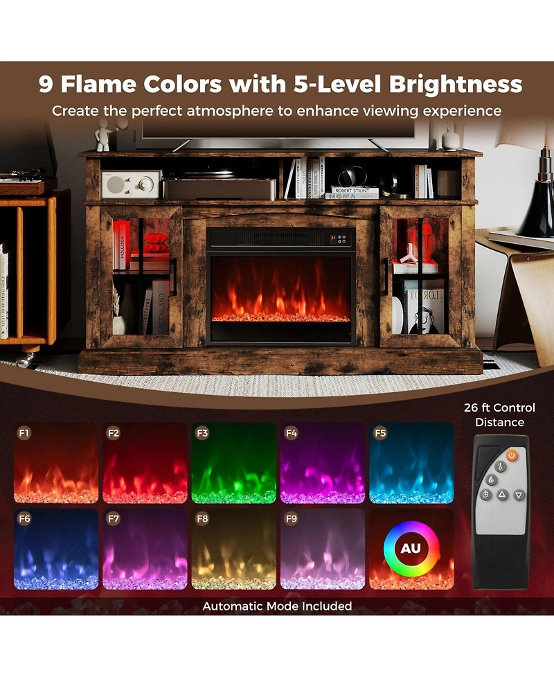 Sugift 58 Inch Fireplace Tv Stand with Led Lights with Storage Cabinets and Glass Doors-Rustic