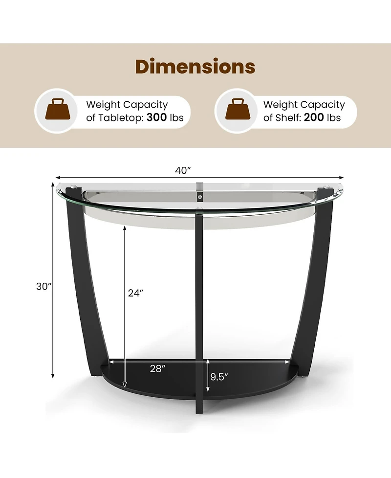 Gouun 2-Tier Tempered Glass Half-Moon Console Table with Open Shelf, 40 x 16 x 30 in