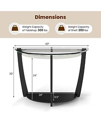 Gouun 2-Tier Tempered Glass Half-Moon Console Table with Open Shelf, 40 x 16 x 30 in