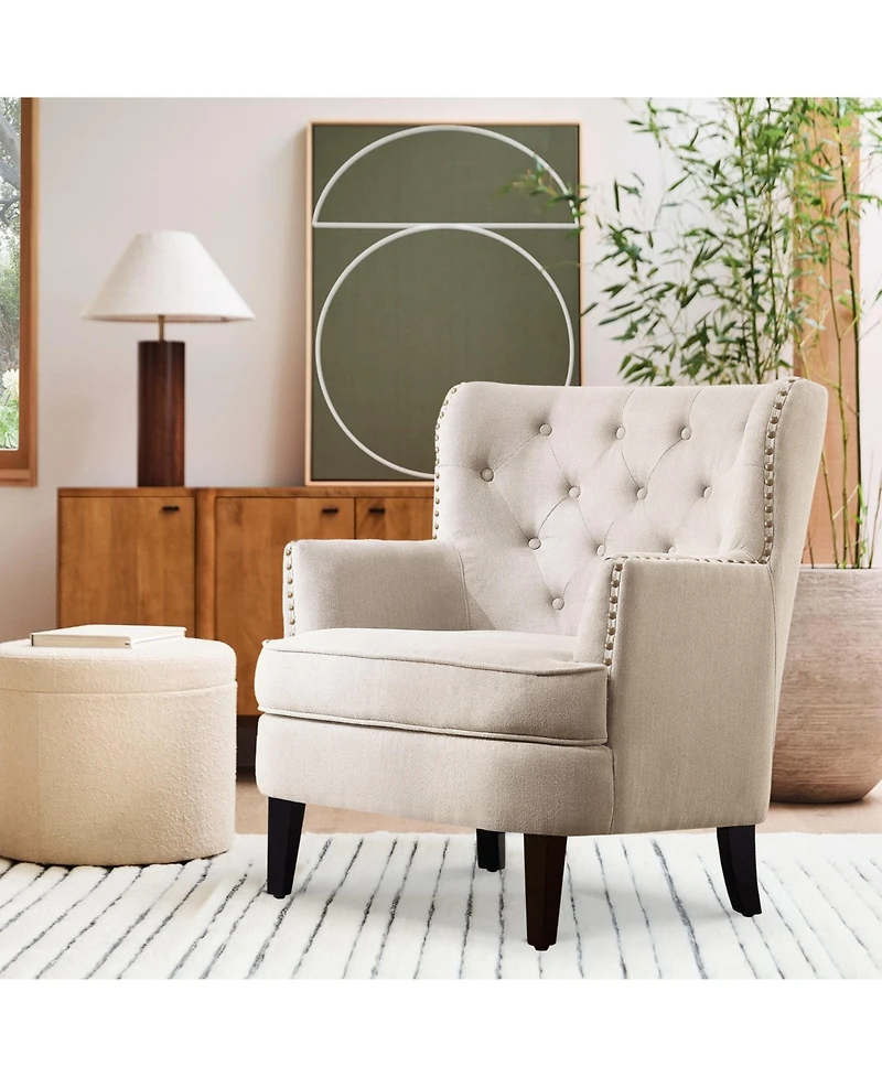 Boyel Living Vintage Button-Tufted Velvet Accent Chair with Nailhead Trim and Solid Wood Legs