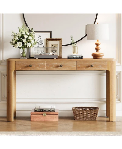 Rainsken Rustic Console Table, 52" Entryway Table with 3 Concealed Drawers, Curved Corners and Thick Legs for Hallway and Living Room