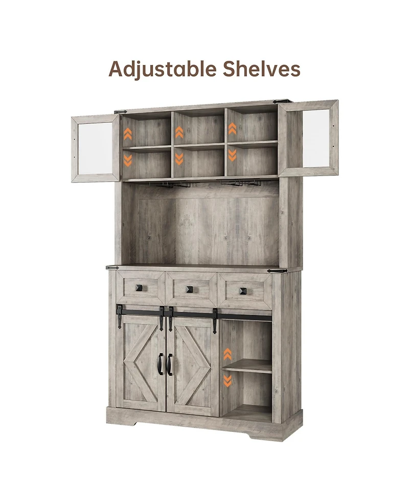 gaomon 72" Farmhouse Bar Cabinet with Sliding Barn Door, Tall Kitchen Buffet with Storage Hutch and 3 Drawer