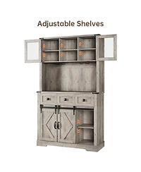 gaomon 72" Farmhouse Bar Cabinet with Sliding Barn Door, Tall Kitchen Buffet with Storage Hutch and 3 Drawer