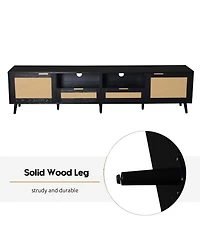 Rainsken Rattan Media Console Tv Stand for TVs with 2 Drawers, Open Shelves and Storage Cabinet for Living Room