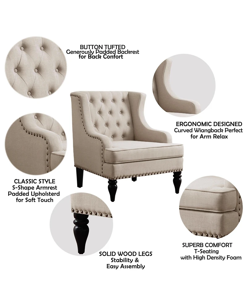Boyel Living Vintage Button-Tufted Linen Accent Chair with Nailhead Trim, Plush Seat and Solid Wood Legs