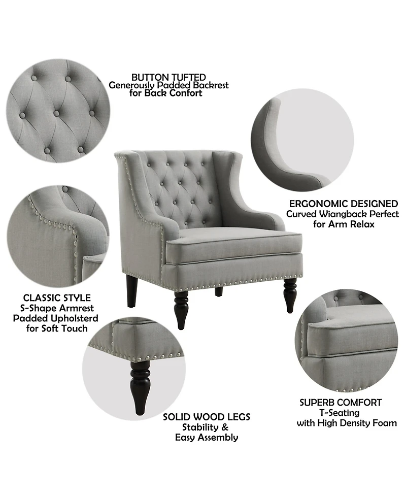 Boyel Living Vintage Button-Tufted Linen Accent Chair with Nailhead Trim, Plush Seat and Solid Wood Legs