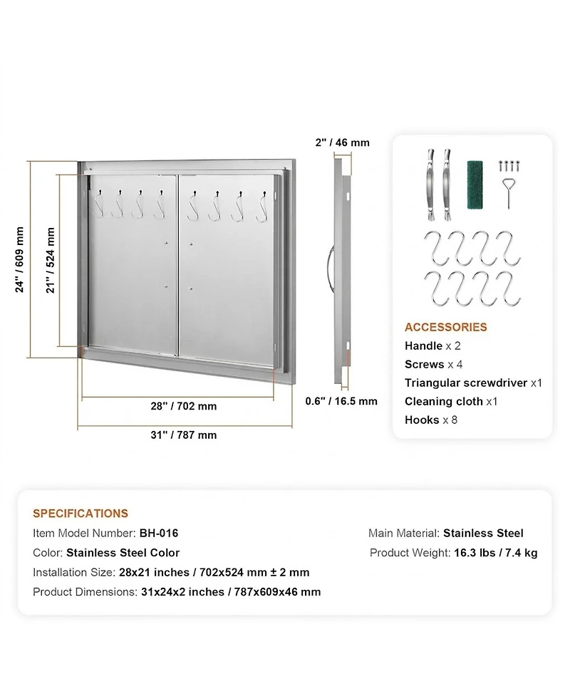 Sugift Double Stainless Steel Bbq Access Door 31W x 24H in with Handles and Hooks