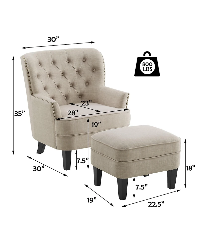 Boyel Living Vintage Button-Tufted Velvet Chair and Ottoman Set with Nailhead Trim and Solid Wood Legs