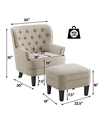 Boyel Living Vintage Button-Tufted Velvet Chair and Ottoman Set with Nailhead Trim and Solid Wood Legs
