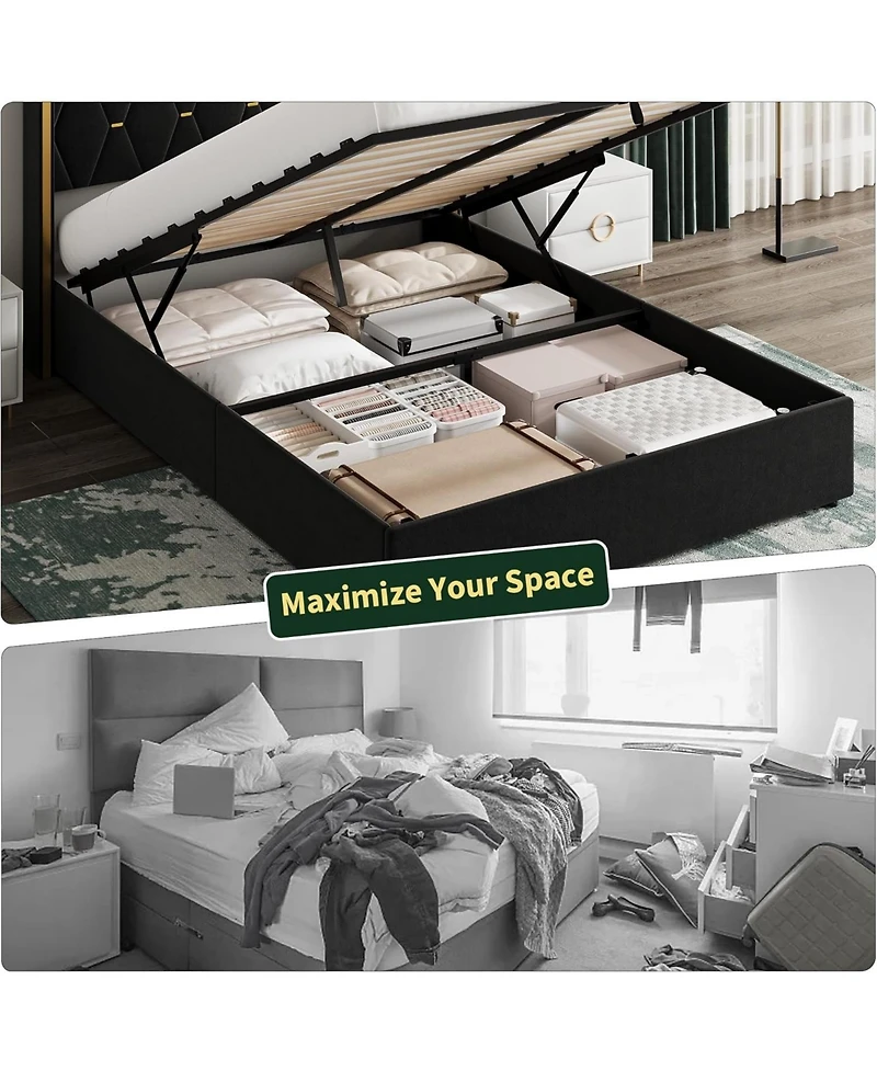 gaomon Lift Up Storage Bed Frame with Wingback Headboard, Velvet Upholstered Diamond Tufted Design & Gold Trim