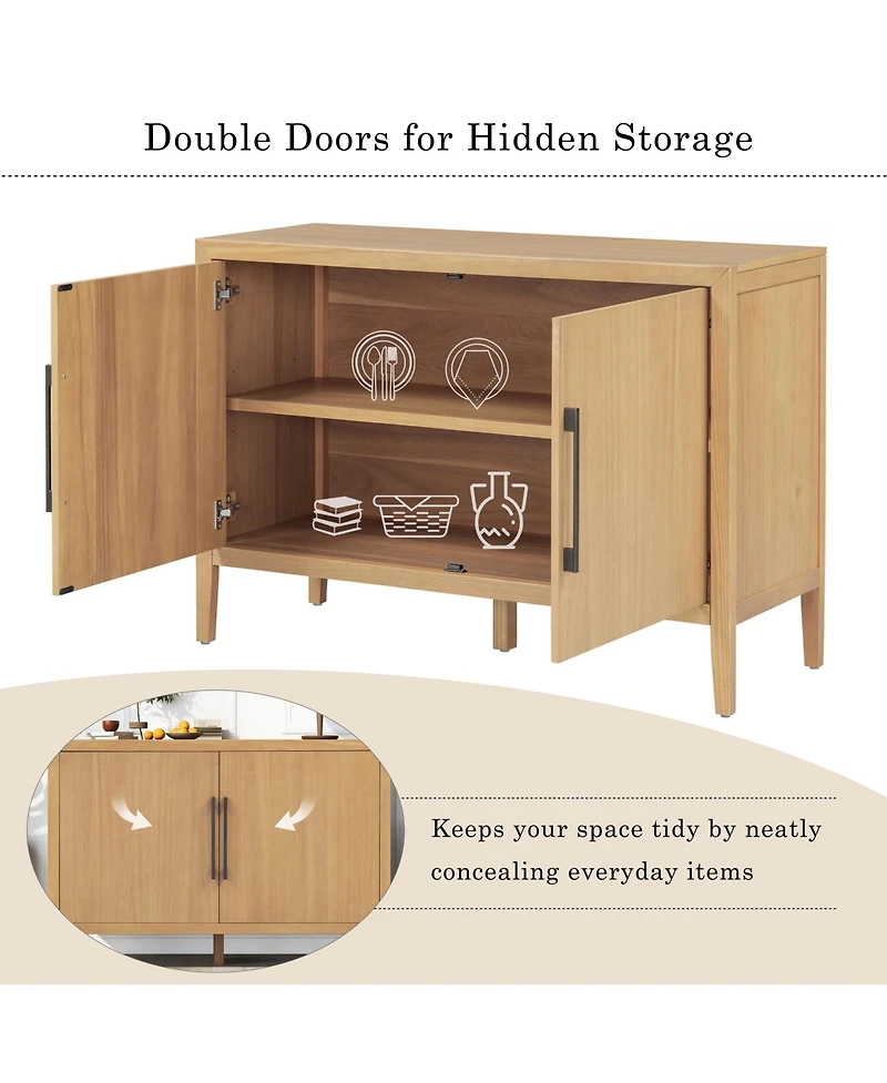 Rainsken Rustic Farmhouse Buffet Cabinet, 47.25 Inch Storage Sideboard with Pine Veneer, Adjustable Legs and Metal Pulls for Kitchen, Living Room