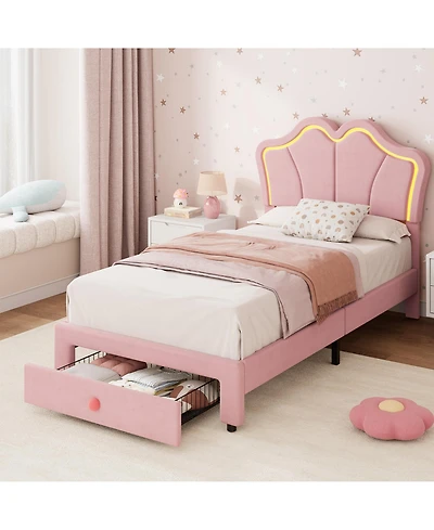 gaomon Twin Upholstered Led Storage Bed Frame for Kids – Velvet Platform with App-Controlled Lights,Storage Drawers, Wood Slats