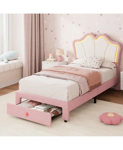 gaomon Twin Upholstered Led Storage Bed Frame for Kids – Velvet Platform with App-Controlled Lights,Storage Drawers, Wood Slats