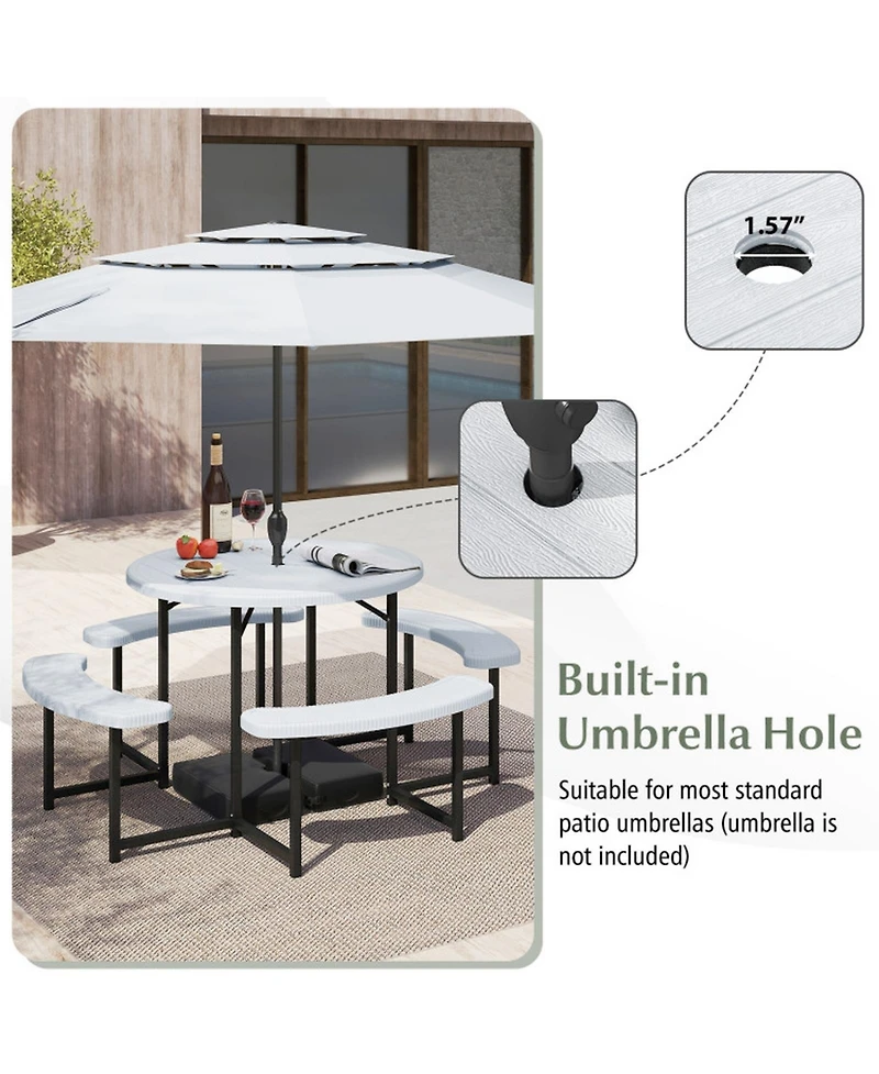 Gouun Round Hdpe Picnic Table and Bench Set for 4-8 People with Umbrella Hole