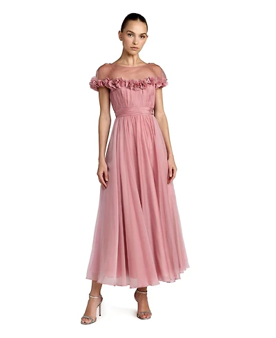 Mac Duggal Women's Chiffon Illusion Neck Midi Dress with 3D Flowers