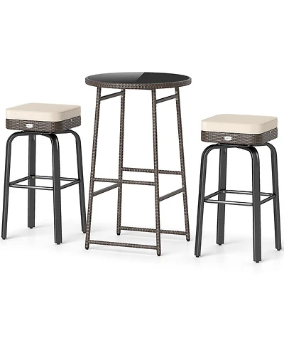 Gouun 3-Piece Outdoor 360-Degree Swivel Pe Rattan Bar Set with Tempered Glass Table