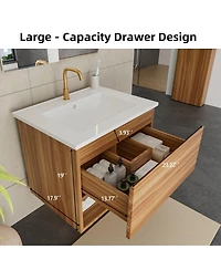 Sillysis Wall Mounted Bathroom Vanity with Sink, Modern Walnut Mdf Cabinet, Large Drawer Storage for Small Space