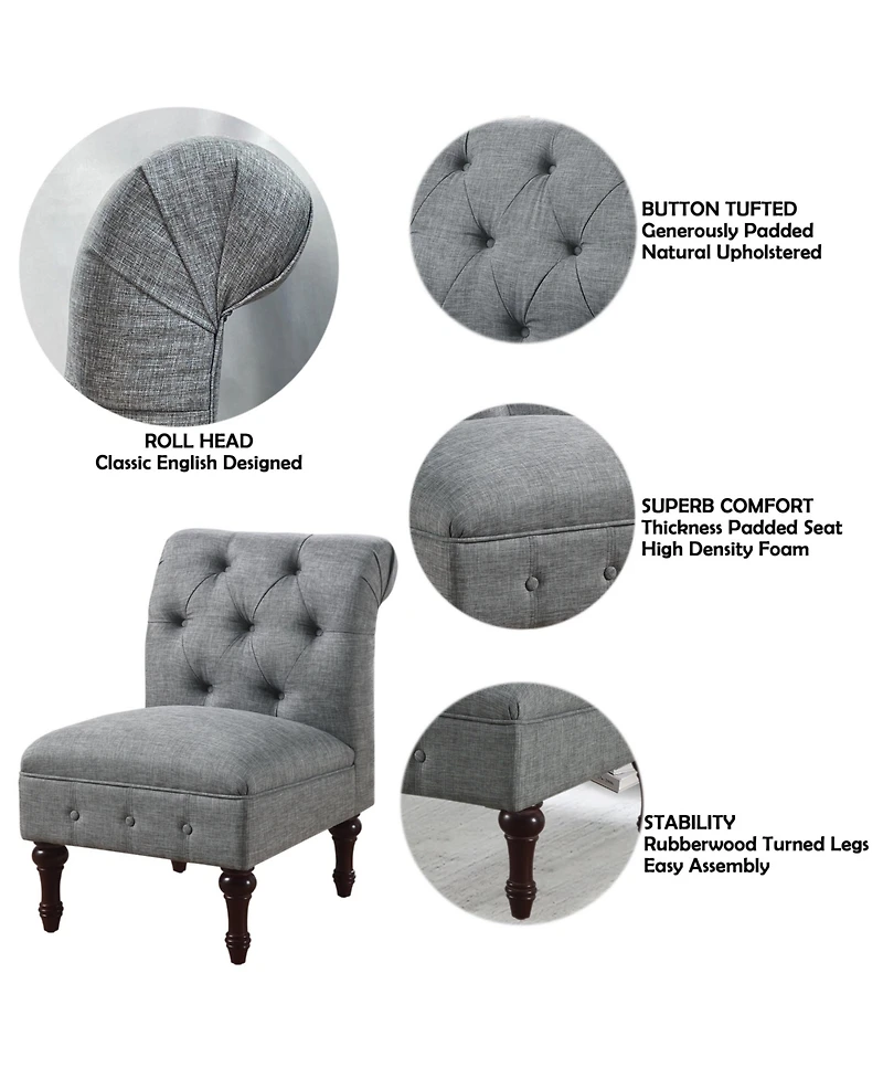 Boyel Living Classic Button-Tufted Linen Accent Chair with Vintage Wooden Legs and Plush Cushioning