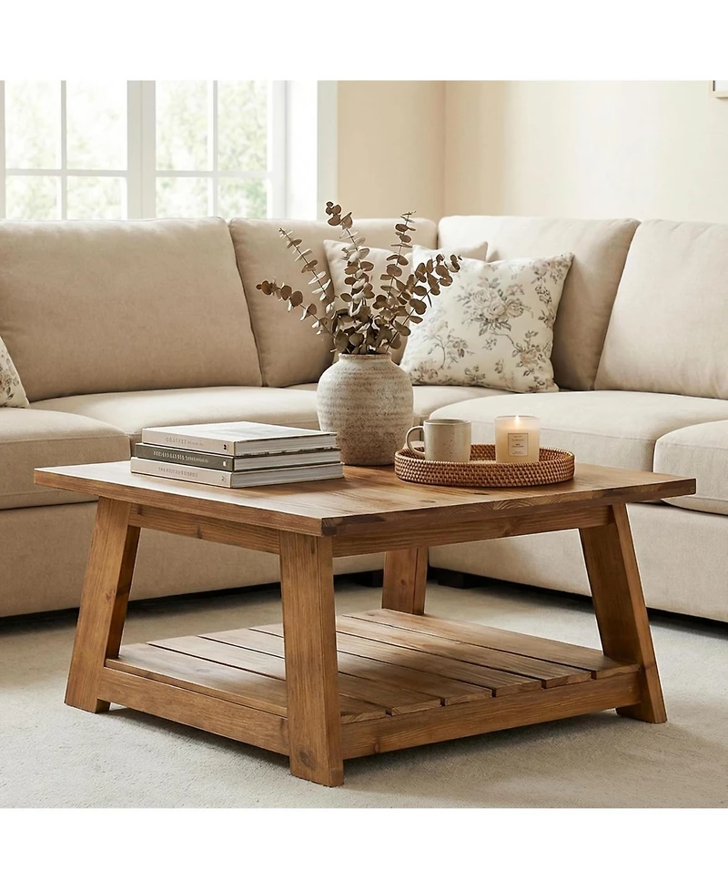 Tribesigns 31.5" Solid Wood Square Coffee Table, 2-Tier Storage Design, Sturdy Wooden Legs