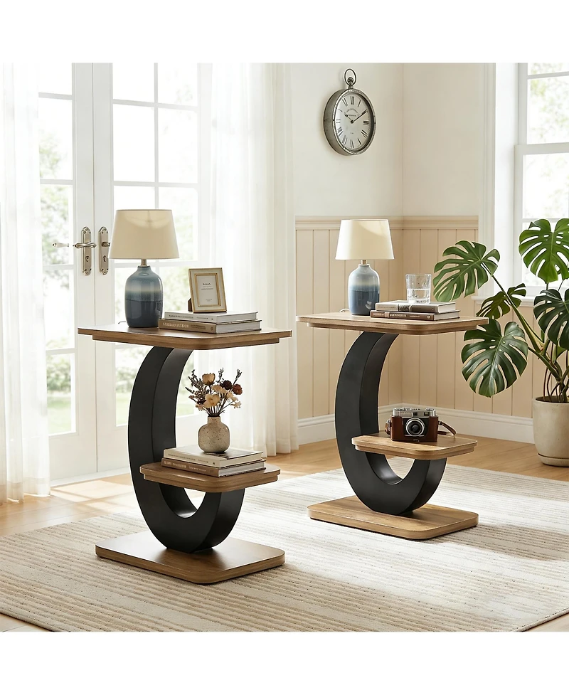 Tribesigns Side Table Set of 2, 2-Tier Narrow End Table, Industrial Wooden Side Table with Metal Arc-Shaped Frame, Bedside Nightstand