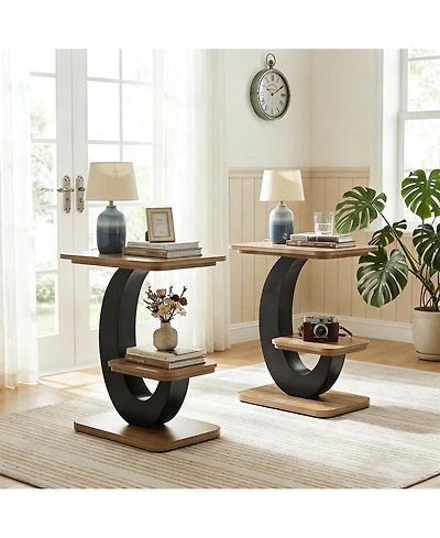 Tribesigns Side Table Set of 2, 2-Tier Narrow End Table, Industrial Wooden Side Table with Metal Arc-Shaped Frame, Bedside Nightstand