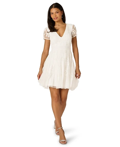 Adrianna Papell Women's V-Neck Beaded Mesh Minidress
