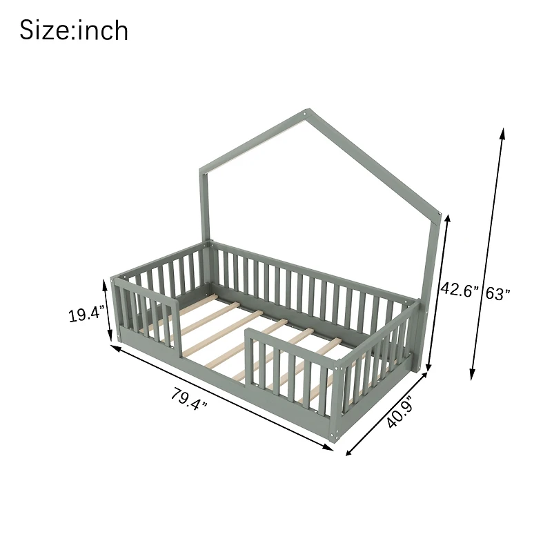 Streamdale Furniture Wooden Montessori Floor Bed with High Rails and Light